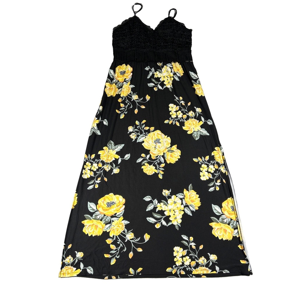 No Boundaries Black Yellow Floral Maxi Dress Crochet Lace Slit Size L 15-17